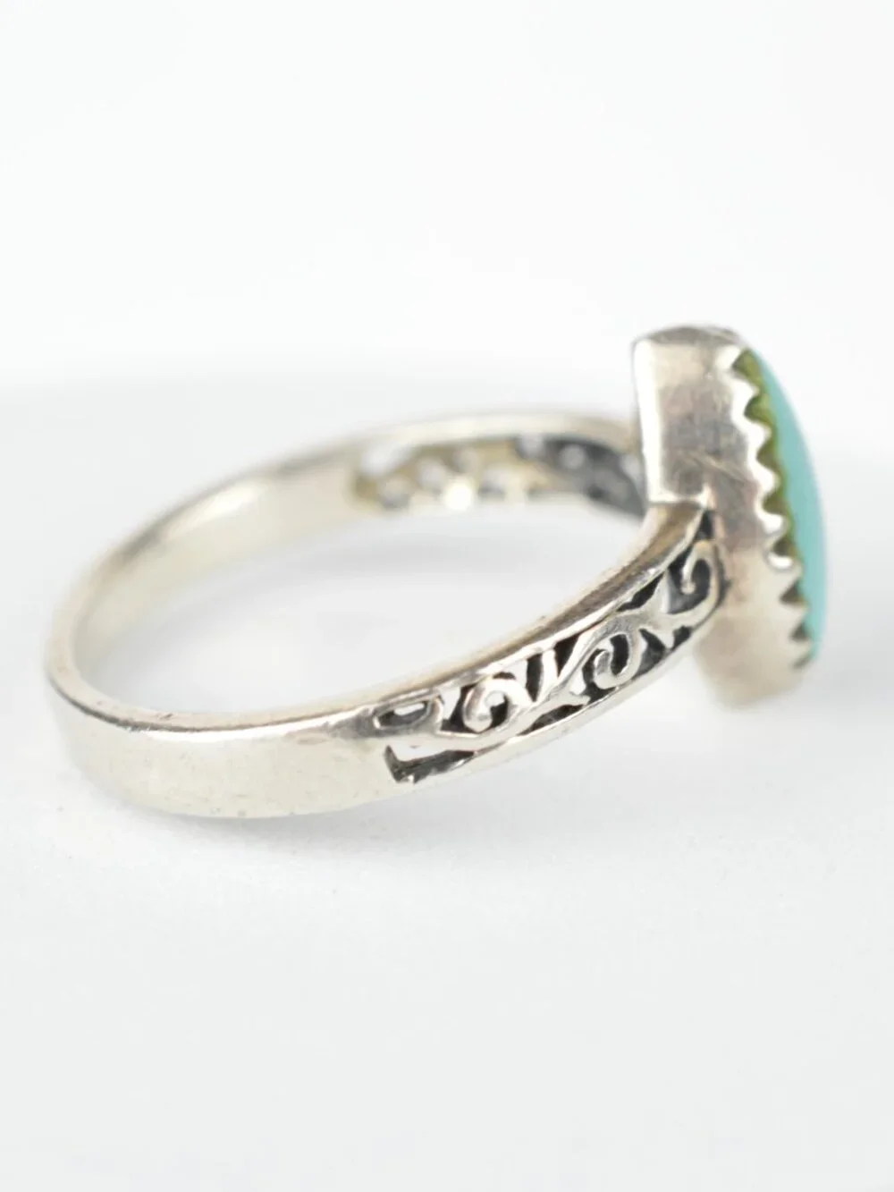 925 Sterling Silver Turquoise Ring Size 4.75 Marquise Boho Filigree Band 2g